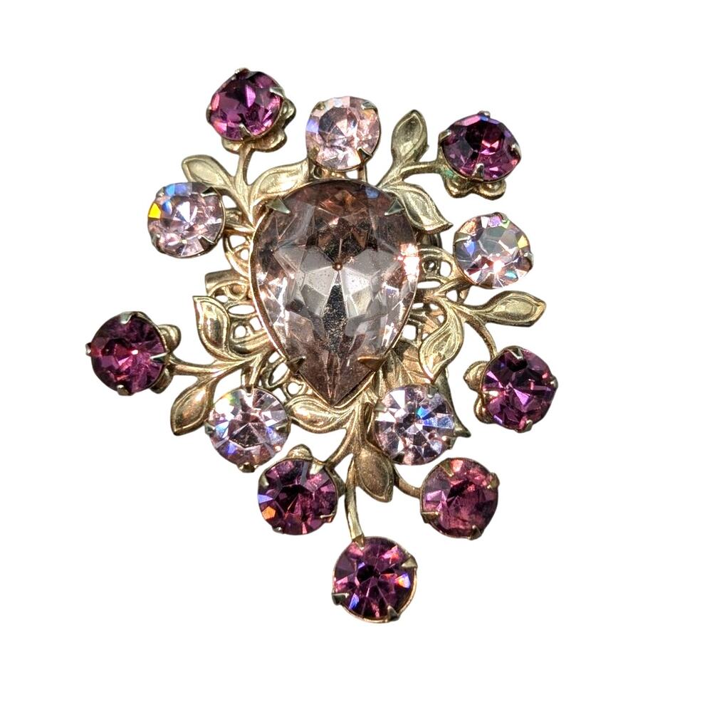 Vintage Purple Lavender Rhinestone Floral Design Brooch